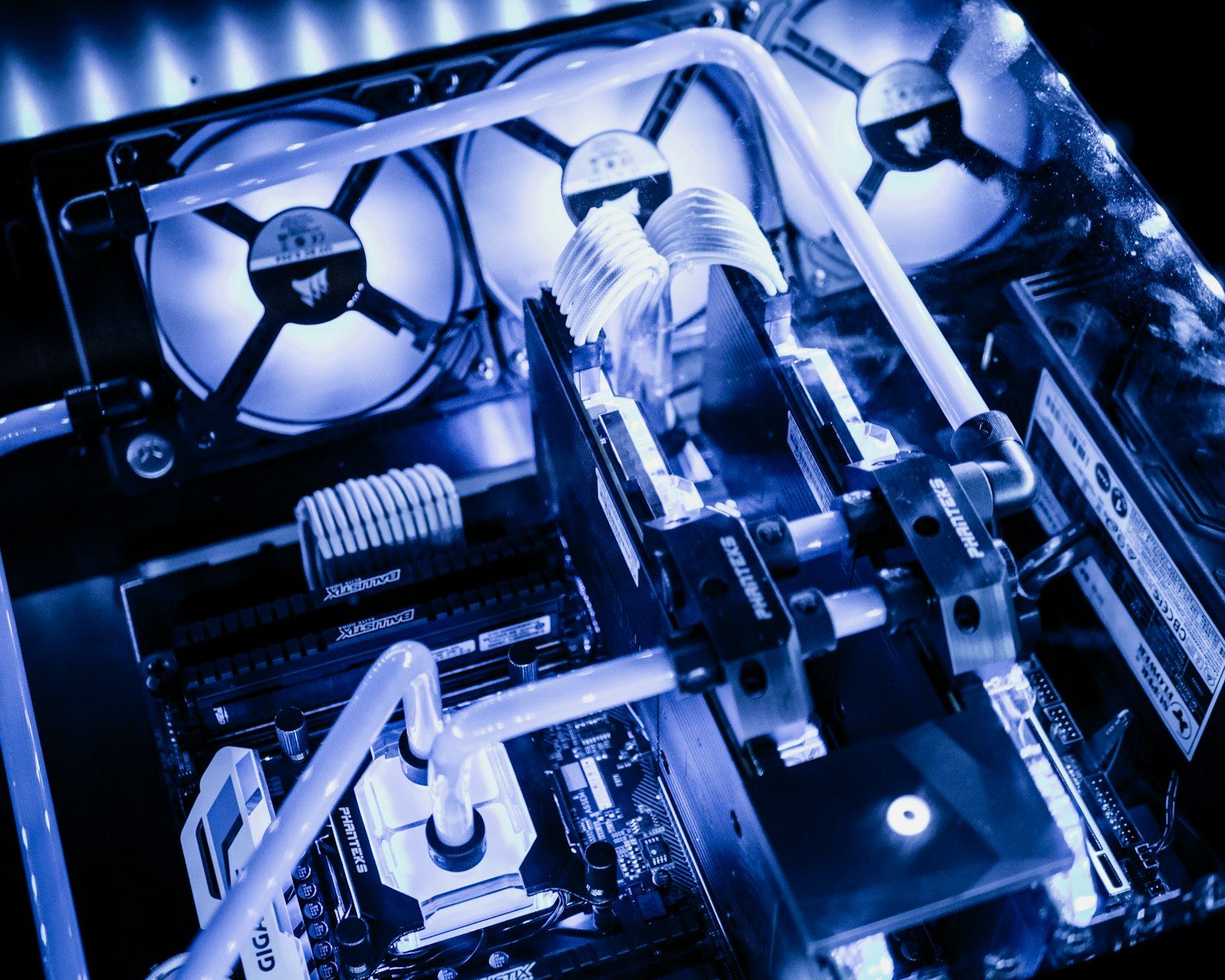 Liquid cooling loop lit in blue