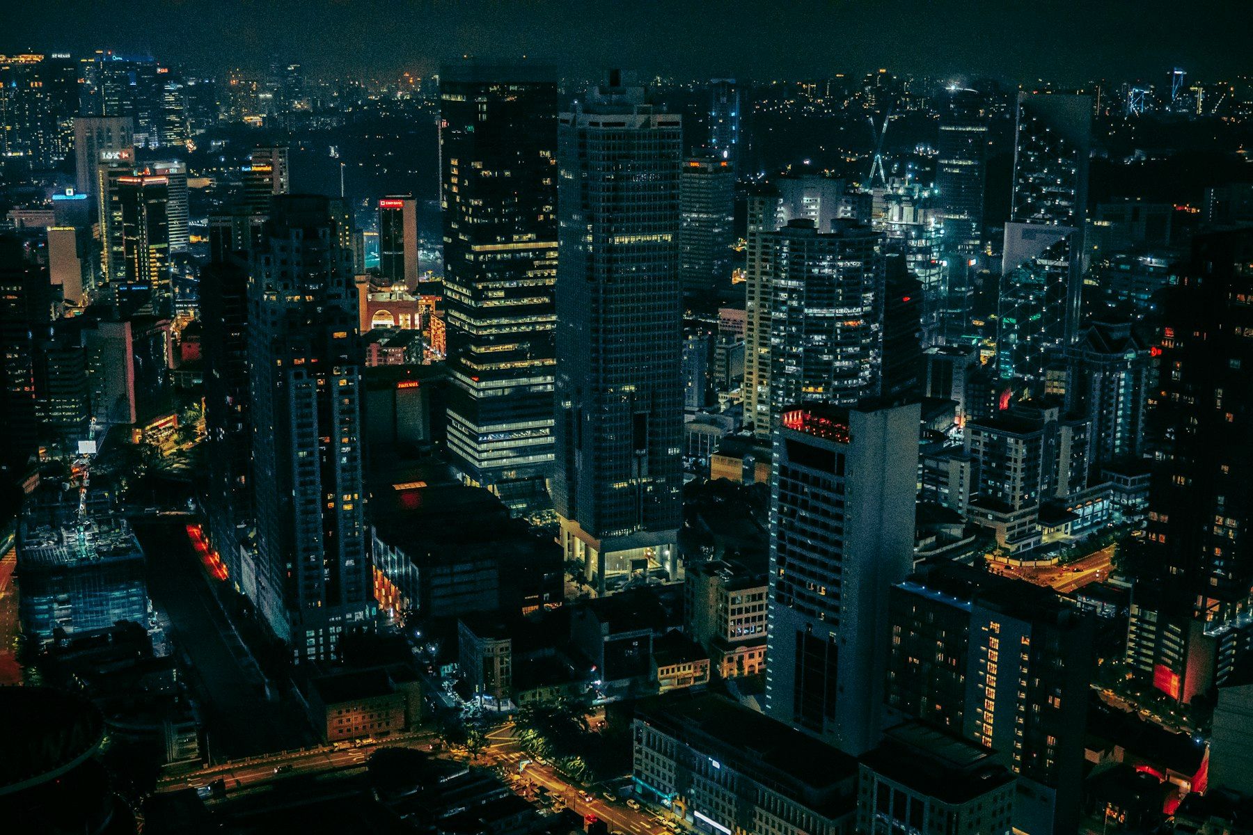 City skyline at night seen from above